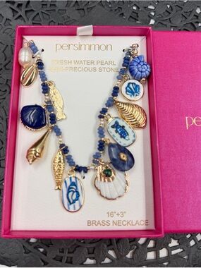 Persimmon Blue & Gold Charm Necklace - Freshwater Pearl & Semi-Precious Stones